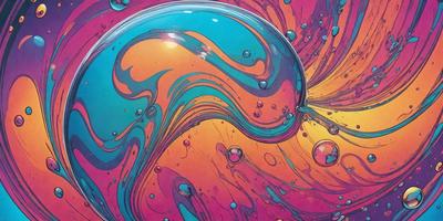 The primary subject of the image is a colorful, swirling, and bubbling liquid, which appears to be a mix of blue, orange, and yellow. The setting is a vibrant and artistic background, possibly a painting or a digital artwork. The visual style is a combination of photo, digital art, and illustration, creating a unique and eye-catching scene. The colors and mood of the image are lively and energetic, with the swirling liquid and vibrant colors ev