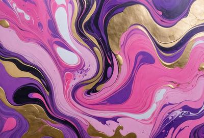 The primary subject of the image is a painting featuring a pink and purple color scheme. The painting is displayed on a white surface, which contrasts with the vibrant colors of the artwork. The visual style of the painting appears to be a mix of digital art and traditional painting techniques. The dominant colors in the painting are pink and purple, creating a warm and inviting atmosphere.