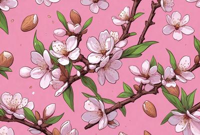 The primary subject of the image is a branch with white flowers, which are the main focus of the scene. The setting is a pink background, which adds a vibrant and lively atmosphere to the image. The visual style is a combination of digital art and illustration, creating a detailed and realistic representation of the flowers and branch. The colors and mood of the image are predominantly pink, which evokes a sense of warmth, freshness, and natural beauty.