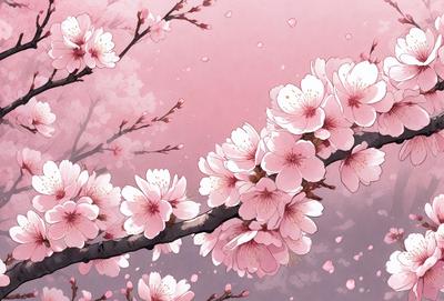 The primary subject of the image is a tree filled with pink flowers. The tree is located in a pink and white sky, creating a serene and beautiful atmosphere. The visual style of the image is a combination of digital art and illustration, with the flowers and sky appearing to be hand-painted. The colors and mood of the image are predominantly pink and white, evoking a sense of warmth and tranquility.