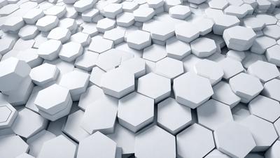 The primary subject of the image is a white, geometric pattern made up of hexagons. The setting is a white wall, and the visual style is a digital art or illustration. The dominant colors are white, and the overall atmosphere is clean, minimalistic, and modern.