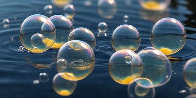 The primary subject of the image is a group of bubbles floating in a blue water. The setting is a body of water, possibly a lake or a pool. The visual style is a close-up of the bubbles, showcasing their unique shapes and sizes. The colors and mood of the image are predominantly blue, creating a serene and calming atmosphere.