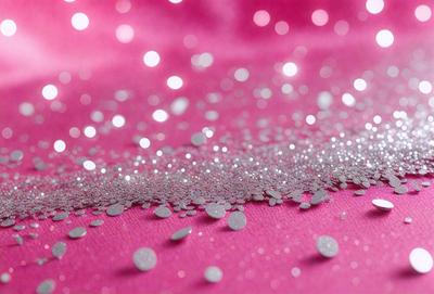 The primary subject of the image is a close-up of a pink surface with glittery silver confetti sprinkled on it. The setting is a pink background, and the visual style appears to be a photo. The colors and mood of the image are predominantly pink and glittery, creating a festive and lively atmosphere.