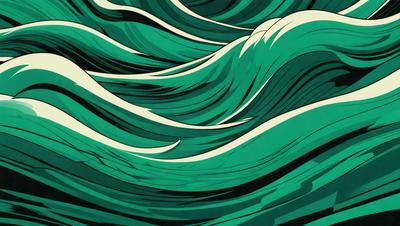 The primary subject of the image is a large wave with a green and white color scheme. The wave is depicted in a digital art style, giving it a unique and dynamic appearance. The setting is the ocean, with the wave crashing against the surface. The overall atmosphere of the image is energetic and captivating, as the wave's movement is skillfully captured in the artwork.