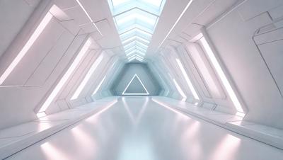 The primary subject of the image is a large, white, and empty room with a high ceiling. The room is illuminated by a series of lights, creating a bright and clean atmosphere. The setting is a modern, minimalist space with a focus on simplicity and functionality. The visual style of the image is a combination of photo and digital art, creating a unique and visually appealing environment. The colors and mood of the room are predominantly white, which gives the space a clean and serene feel.