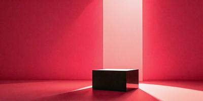 The primary subject of the image is a black square or box, which is placed on a red wall. The setting is a room with a red wall, and the visual style appears to be a photo. The dominant colors in the image are red and black, creating a bold and striking atmosphere.