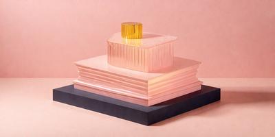 The primary subject of the image is a stack of books, with a gold-colored box on top. The books are arranged in a pyramid shape, with the box on top. The setting is a pink background, which adds a warm and inviting atmosphere to the scene. The visual style is a combination of photo and digital art, creating a realistic yet artistic representation of the stack of books. The colors and mood of the image are predominantly pink, which gives the scene a feminine and cozy