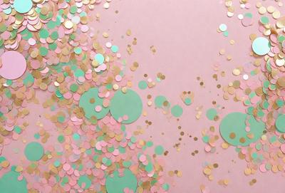 The primary subject of the image is a close-up of a pink background with a pattern of gold and green circles. The setting is a pink surface, and the visual style appears to be a combination of a photo and digital art. The dominant colors are pink, gold, and green, creating a warm and inviting atmosphere.