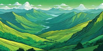 The primary subject of the image is a beautiful mountain landscape with a river flowing through it. The setting is a lush green hillside with a mountain range in the background. The visual style is a combination of digital art and illustration, creating a vibrant and detailed scene. The colors and mood are predominantly green, with a sense of serenity and tranquility.
