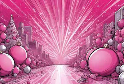 The primary subject of the image is a pink cityscape with a bright pink sky. The setting is a city street with buildings in the background. The visual style is a combination of digital art and illustration, creating a vibrant and colorful scene. The colors and mood are predominantly pink, giving the image a warm and cheerful atmosphere.