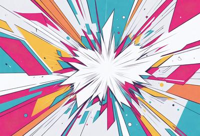 The primary subject of the image is a colorful, abstract explosion. The setting is a white background, which contrasts with the vibrant colors of the explosion. The visual style is a combination of digital art and illustration, creating a dynamic and eye-catching scene. The dominant colors are pink, blue, yellow, and orange, giving the image a lively and energetic atmosphere.