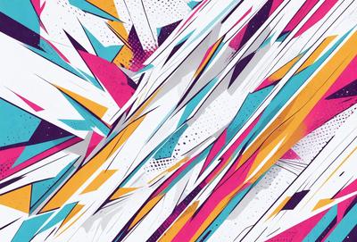 The primary subject of the image is a colorful, abstract design featuring a mix of yellow, blue, and pink colors. The setting is a white background, which provides a clean and minimalist appearance. The visual style is a combination of digital art and illustration, creating a vibrant and dynamic pattern. The dominant colors and overall atmosphere of the image are energetic, lively, and cheerful.
