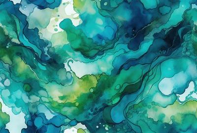 The primary subject of the image is a blue and green water-like scene, possibly a painting or a digital artwork. The setting is a body of water, with a blue background and a green foreground. The visual style appears to be a mix of digital art and illustration, creating a vibrant and dynamic atmosphere. The colors and mood of the image are predominantly blue and green, giving it a serene and calming feel.