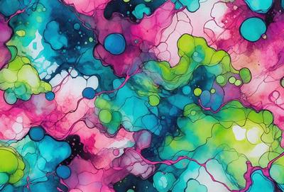 The primary subject of the image is a colorful, abstract painting featuring a mix of pink, blue, green, and yellow colors. The painting is displayed on a wall, creating a vibrant and lively atmosphere. The visual style of the painting is a combination of digital art and illustration, showcasing a unique and creative approach to artistic expression. The colors and mood of the painting evoke a sense of energy and liveliness, making it an eye-catching and engaging piece of art.