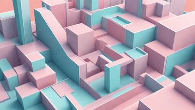 The primary subject of the image is a three-dimensional, colorful, and intricate model of a building. The setting is a pink and blue color scheme, which gives the scene a vibrant and lively atmosphere. The visual style is a combination of digital art and illustration, creating a unique and eye-catching design. The colors and mood of the image are predominantly pink and blue, with a touch of white, giving it a cheerful and lively appearance.