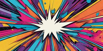 The primary subject of the image is a brightly colored, colorful explosion. The setting is a black background, which contrasts with the vibrant colors of the explosion. The visual style is a combination of digital art and illustration, creating a dynamic and eye-catching scene. The colors and mood of the image are energetic and lively, with a focus on the bright and bold hues of the explosion.