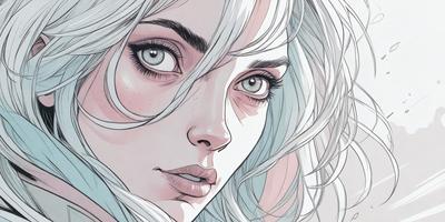 The primary subject of the image is a woman with blonde hair, who is looking at the camera. She has a pouty expression and is wearing makeup. The setting is a room with a bed in the background. The visual style is an illustration, and the colors and mood are predominantly pink and blue.