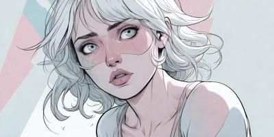 The primary subject of the image is a woman with blonde hair, wearing a white dress. She has a pink background and is depicted in a comic book style. The visual style is a combination of digital art and illustration, creating a vibrant and dynamic scene. The colors and mood of the image are predominantly pink and white, giving it a soft and delicate appearance.