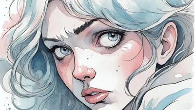 The primary subject of the image is a woman with blue hair, who is looking at the camera with a frown on her face. The setting is a room with a blue background, and the visual style is a digital art or illustration. The colors and mood of the image are predominantly blue, creating a calm and serene atmosphere.