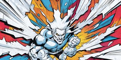 The primary subject of the image is a comic book character, specifically a man with white hair and a beard. He is shown with his mouth open, possibly yelling or making a face. The setting is a comic book panel, which suggests that the image is a part of a comic book or a similar visual medium. The visual style is a combination of digital art and illustration, creating a dynamic and engaging scene. The colors and mood of the image are energetic and intense, with the character's
