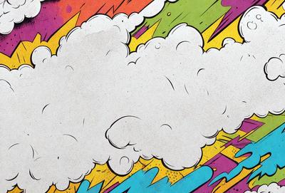 The primary subject of the image is a cloud, which is depicted in various colors and styles. The cloud is surrounded by a colorful and vibrant background, which includes a mix of blue, yellow, and purple hues. The visual style of the image is a combination of digital art and illustration, giving it a unique and creative appearance. The overall atmosphere of the image is lively and energetic, with the cloud and its surrounding colors creating a sense of movement and dynamism.
