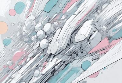 The primary subject of the image is a futuristic, white, and blue spacecraft. The setting is a colorful, abstract background that complements the spacecraft's design. The visual style is a combination of digital art and illustration, creating a unique and captivating scene. The colors and mood of the image are vibrant and energetic, with the blue and white spacecraft contrasting against the vivid, abstract background.