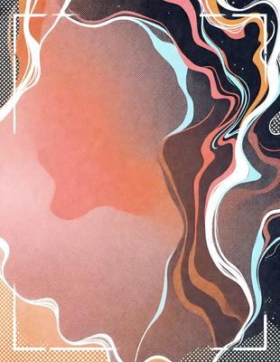 The primary subject of the image is a person's face, which is the main focus of the image. The setting is a colorful background, which adds to the overall visual style. The image is a digital art or illustration, showcasing a unique and creative design. The colors and mood of the image are vibrant and lively, with a mix of orange, blue, and red hues that create a dynamic and engaging atmosphere.