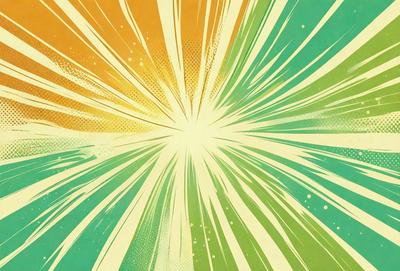 The primary subject of the image is a bright, colorful sunburst, which is the main focus of the image. The setting is a green background, which adds a vibrant and lively atmosphere to the scene. The visual style of the image is a combination of digital art and illustration, creating a dynamic and eye-catching design. The colors and mood of the image are predominantly green and yellow, which are associated with warmth, energy, and positivity.