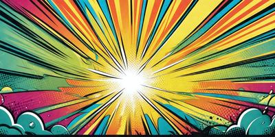 The primary subject of the image is a bright, colorful explosion. The setting is a colorful background, possibly a comic book or a digital artwork. The visual style is a combination of photo and digital art, creating a vibrant and dynamic scene. The colors and mood are lively and energetic, with the explosion being the main focus of the image.