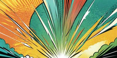 The primary subject of the image is a bright, colorful explosion. The setting is a colorful background, possibly a comic book or an artistic illustration. The visual style is a combination of digital art and illustration, creating a vibrant and dynamic scene. The colors and mood are lively and energetic, with a focus on the bright, colorful explosion.