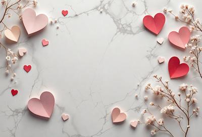 The primary subject of the image is a collection of pink hearts arranged on a marble countertop. The hearts are placed in various positions, creating a visually appealing display. The setting is a marble countertop, which adds a sense of elegance and sophistication to the scene. The visual style of the image is a combination of photo and digital art, as the hearts are carefully arranged and the overall composition appears to be well-planned. The colors and mood of the image are predominantly pink,