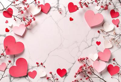 The primary subject of the image is a collection of pink hearts arranged on a marble surface. The hearts are scattered across the marble, creating a visually appealing and romantic display. The setting is a marble countertop, which serves as the backdrop for the hearts. The visual style of the image is a combination of photo and digital art, as the hearts are carefully placed and arranged to create a cohesive and aesthetically pleasing composition. The colors and mood of the image are predominantly p