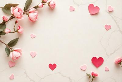 The primary subject of the image is a bouquet of pink flowers, which are placed on a white surface. The setting appears to be a countertop or a similar surface. The visual style of the image is a combination of photo and digital art, as it features a close-up of the flowers and a patterned background. The colors and mood of the image are predominantly pink, creating a warm and inviting atmosphere.