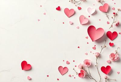 The primary subject of the image is a collection of hearts, which are scattered across a white background. The hearts are in various shapes and sizes, and they are arranged in a visually appealing manner. The setting appears to be a white wall, which serves as the backdrop for the hearts. The visual style of the image is a combination of digital art and illustration, creating a unique and eye-catching display. The dominant colors in the image are pink and white, which contribute to a warm and inviting atmosphere.