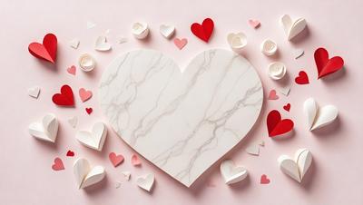 The primary subject of the image is a heart-shaped piece of marble, which is the main object in the scene. The heart is placed on a pink surface, creating a visually appealing contrast. The setting is a combination of a pink background and a marble surface, which adds to the overall visual style of the image. The colors and mood of the image are predominantly pink and romantic, with the heart symbolizing love and affection.