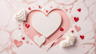 The primary subject of the image is a heart-shaped paper cutout. The heart is made of paper and is placed on a pink background. The visual style of the image is a combination of digital art and illustration, creating a unique and creative design. The colors and mood of the image are predominantly pink, which gives it a warm and romantic atmosphere.