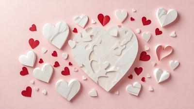 The primary subject of the image is a heart-shaped sculpture made of marble. The heart is surrounded by numerous small hearts, creating a visually appealing and heartwarming scene. The setting is a pink background, which adds to the warm and inviting atmosphere of the image. The visual style is a combination of digital art and illustration, as the heart sculpture is intricately crafted and the surrounding hearts are carefully arranged. The colors and mood of the image are predominantly pink, which
