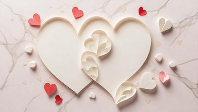 The primary subject of the image is a heart-shaped paper cutout. The heart is made of paper and is placed on a marble surface. The setting is a white background, which provides a clean and minimalist appearance. The visual style is a combination of digital art and paper cutout, creating a unique and artistic representation of the heart. The colors are predominantly white, which adds to the clean and minimalist atmosphere.