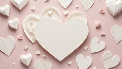 The primary subject of the image is a white heart-shaped cutout. The setting is a pink background, which adds a warm and romantic touch to the scene. The visual style is a combination of digital art and illustration, creating a unique and eye-catching design. The colors are predominantly white and pink, giving the image a clean and elegant appearance.