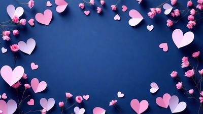 The primary subject of the image is a collection of pink hearts arranged on a blue background. The hearts are scattered across the background, creating a visually appealing and playful scene. The setting appears to be a creative and artistic environment, possibly a workspace or a display for a creative project. The visual style of the image is a combination of digital art and illustration, with the hearts being crafted to resemble real flowers. The dominant colors in the image are pink and blue, creating a warm and inviting