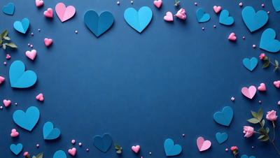 The primary subject of the image is a blue background with a variety of hearts and flowers scattered across it. The hearts come in different sizes and are placed in various positions, while the flowers are also scattered throughout the scene. The visual style of the image is a combination of digital art and illustration, creating a vibrant and colorful display. The dominant colors in the image are blue and pink, giving the scene a warm and inviting atmosphere.