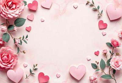 The primary subject of the image is a pink heart-shaped frame with a background of pink and white flowers. The visual style is a combination of digital art and illustration, creating a warm and inviting atmosphere. The colors and mood of the image are predominantly pink and white, with a touch of green from the leaves, giving it a romantic and delicate feel.