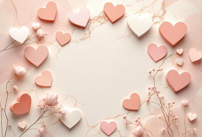 The primary subject of the image is a collection of pink hearts arranged on a marble surface. The hearts are of various sizes and are placed in a circular pattern. The setting is a white wall, which serves as the background for the hearts. The visual style of the image is a combination of photo and digital art, creating a unique and artistic display. The dominant colors in the image are pink and white, giving the scene a warm and inviting atmosphere.