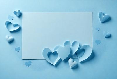 The primary subject of the image is a piece of paper with hearts cut out of it. The paper is blue and has hearts scattered all over it. The setting is a blue background, and the visual style appears to be a digital art or illustration. The dominant colors are blue and white, creating a calm and serene atmosphere.