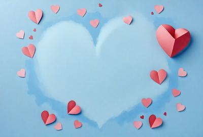 The primary subject of the image is a heart-shaped paper cutout, which is placed on a blue background. The heart is surrounded by numerous pink hearts, creating a visually appealing and playful scene. The visual style of the image is a combination of digital art and illustration, as the heart and the hearts are created using paper cutouts. The colors and mood of the image are predominantly pink and heartwarming, evoking feelings of love and affection.