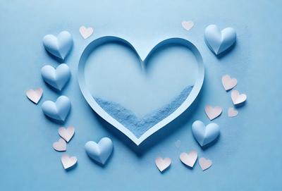 The primary subject of the image is a heart-shaped paper cutout, which is placed on a blue surface. The heart is made up of several smaller hearts, creating a visually appealing and creative design. The setting appears to be a creative or artistic environment, as the heart is the main focus of the image. The visual style is a combination of digital art and paper cutouts, giving the image a unique and artistic appearance. The colors and mood of the image are predominantly blue, which adds to