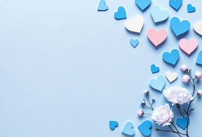 The primary subject of the image is a collection of hearts, which are scattered across a blue background. The hearts come in various sizes and are arranged in a visually appealing manner. The setting appears to be a white wall, which serves as the backdrop for the hearts. The visual style of the image is a combination of digital art and illustration, creating a vibrant and lively atmosphere. The dominant colors in the image are blue and white, which contribute to the overall mood of the scene.