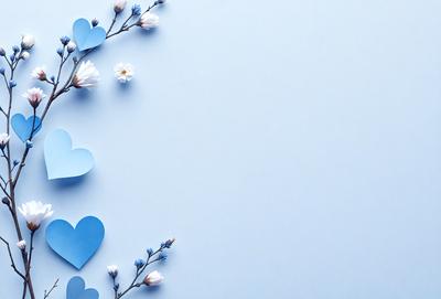 The primary subject of the image is a collection of blue hearts arranged on a white wall. The hearts are placed in various positions, creating a visually appealing display. The setting is a white wall, which serves as the perfect backdrop for the blue hearts. The visual style of the image is a combination of digital art and illustration, giving it a unique and creative appearance. The dominant colors in the image are blue and white, creating a calm and serene atmosphere.