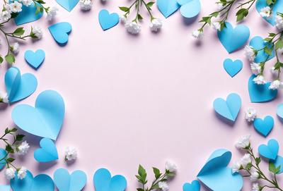 The primary subject of the image is a collection of blue hearts arranged on a pink background. The hearts are scattered throughout the scene, creating a visually appealing and playful display. The setting appears to be a white wall, which serves as a clean and uncluttered backdrop for the hearts. The visual style of the image is a combination of digital art and illustration, as the hearts are carefully placed and arranged to create a cohesive and aesthetically pleasing composition. The dominant colors in the image are blue