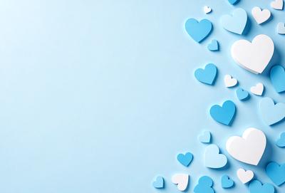 The primary subject of the image is a blue wall with a pattern of hearts. The setting is a room with a blue background, and the visual style is a combination of digital art and illustration. The dominant colors are blue and white, creating a calm and soothing atmosphere.